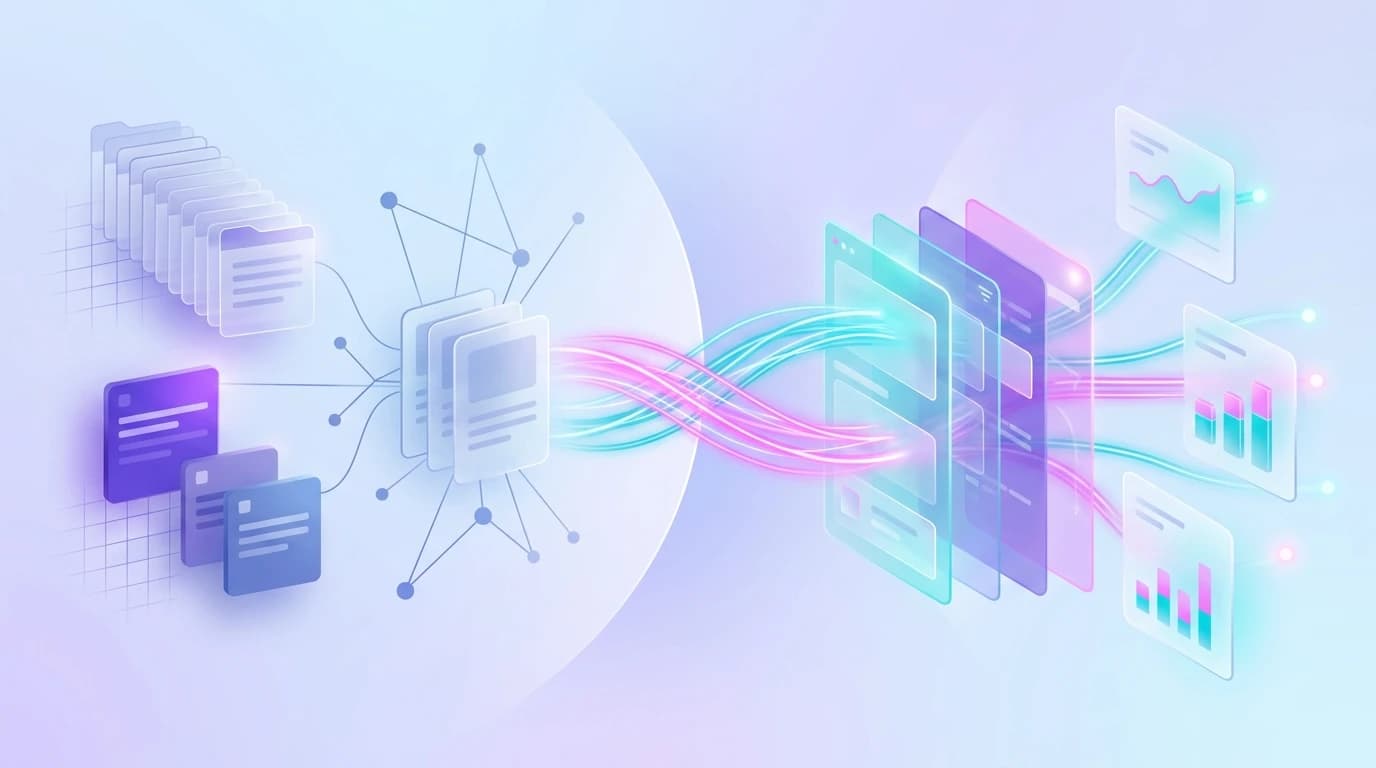 Abstract illustration comparing GummySearch alternatives with real-time stream ingestion and AI buyer-intent scoring in turquoise, violet, and pink