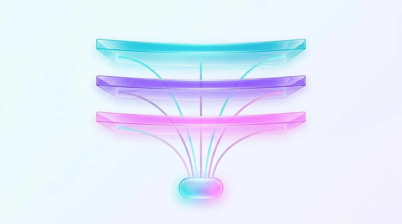 Abstract three-layer stacked diagram with translucent panels funneling down into a single glowing lead badge, representing the Intent, Fit, and Reachability layers combining into one score